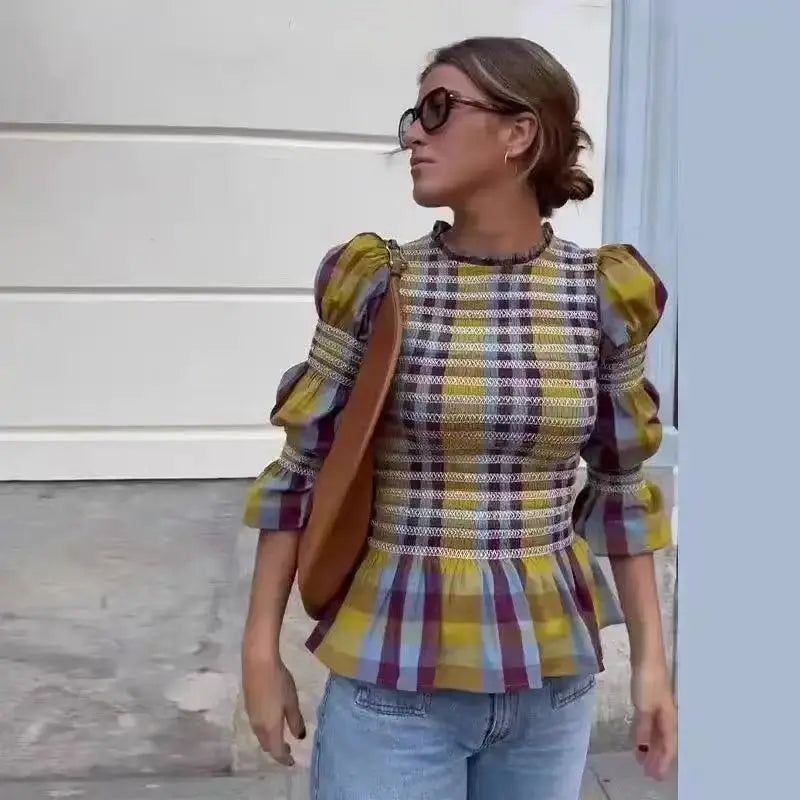 Tops para mujer Vintage a cuadros, elástico, plisado, camiseta informal con cuello redondo, manga larga, dobladillo con volantes, Top, primavera, elegante, para mujer, ropa de calle