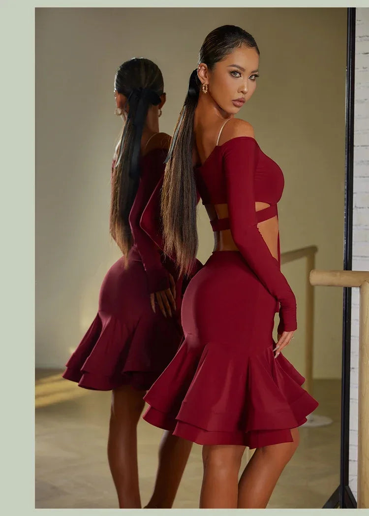 Sexy Off Shoulder Latin Top Ruffled Skirts Latin Dance Costume Stage Performance Clothes Samba Tango Dance Wear Set for Women