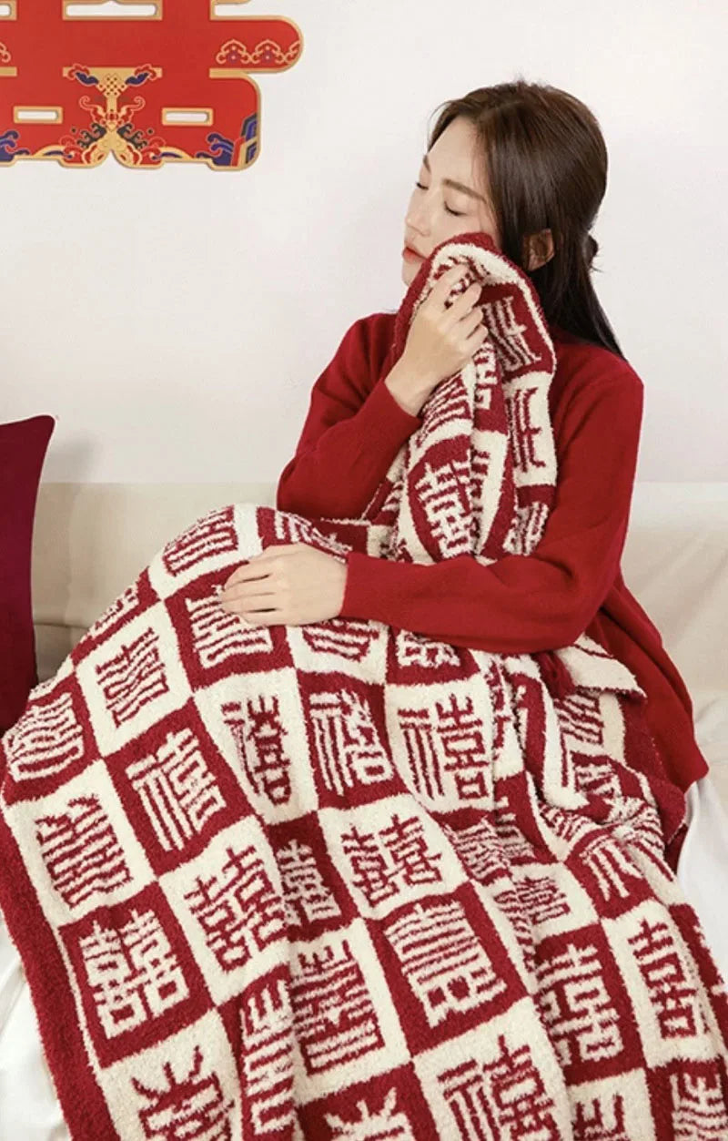 Manta de Boda de Felpa Fina Roja, Cubrecama Alegre, Manta para Sofá Multiusos que Mantiene el Calor, Pequeño Cojín de Chal para Cuatro Estaciones