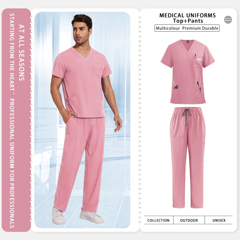 Sykehusarbeidsklær Medisinske uniformer V-hals Lege-sykepleier arbeidsklær Kirurgi-skrubbsett Tannlege-apotek-arbeidsklær Kortermet drakt