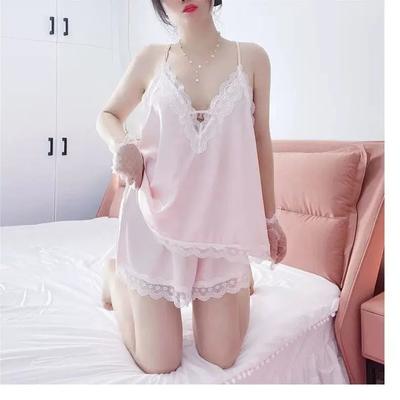 Conjuntos de pijama Y2K para mujer, ropa de hogar sexy de verano, talla grande, de seda fresca, suelta, elegante, con cuello en V y encaje, conjunto de dos piezas