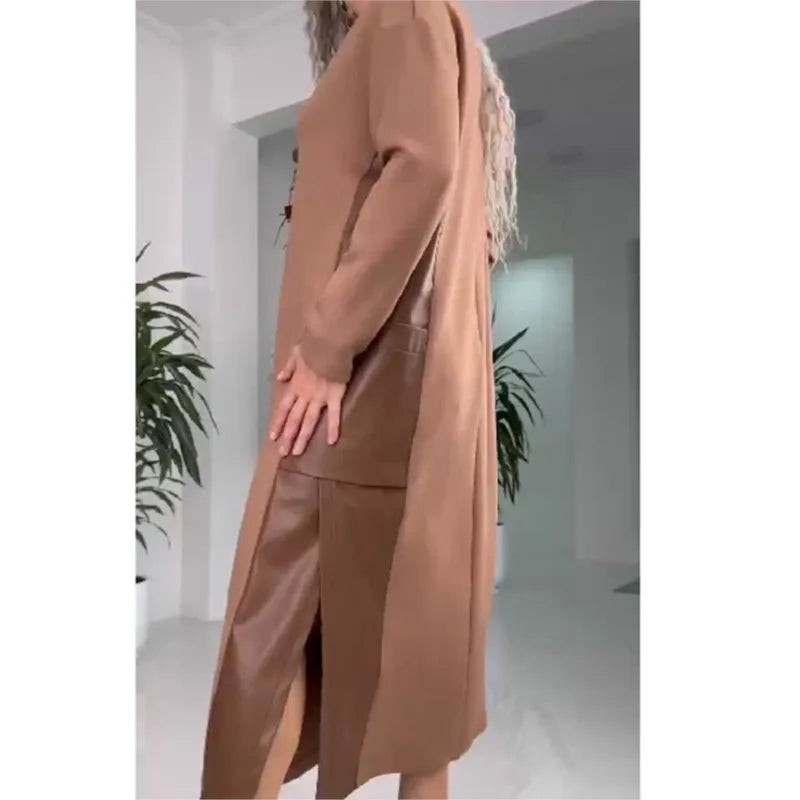 Elegante Vestido Marrón de Otoño Moda Cuello Redondo Manga Larga Retales Abertura Lateral Ropa Urbana Vestidos con Bolsillos Para Mujer Vestidos Nuevos
