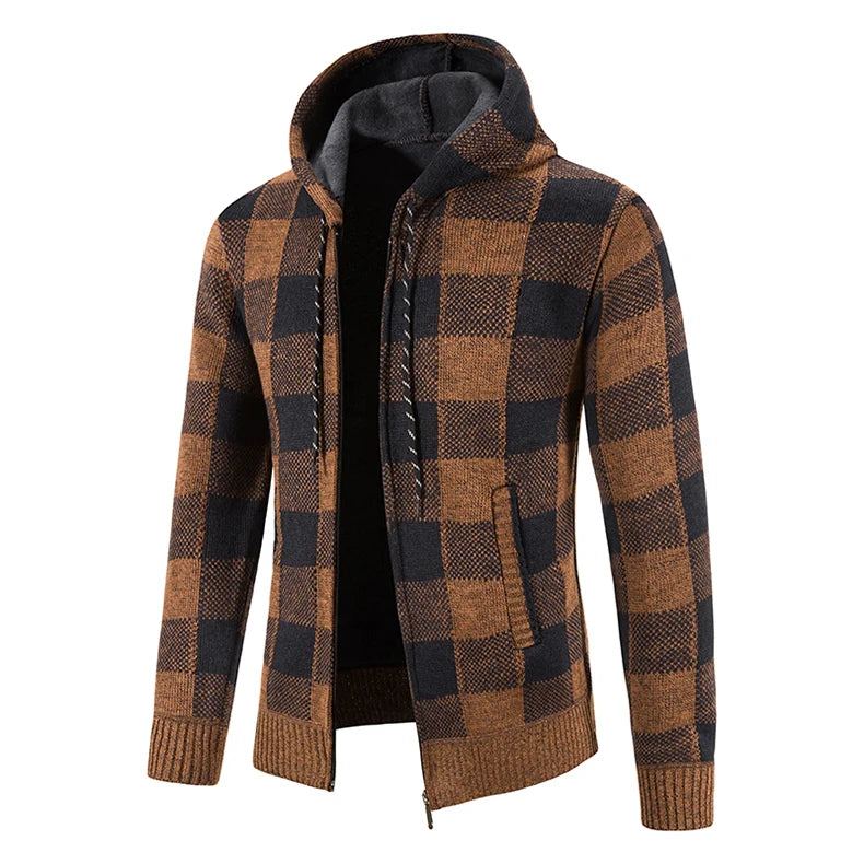 Chaqueta a cuadros nueva para hombre, suéter con capucha, forro polar de otoño e invierno, ropa informal gruesa y cálida, cortavientos para el frío