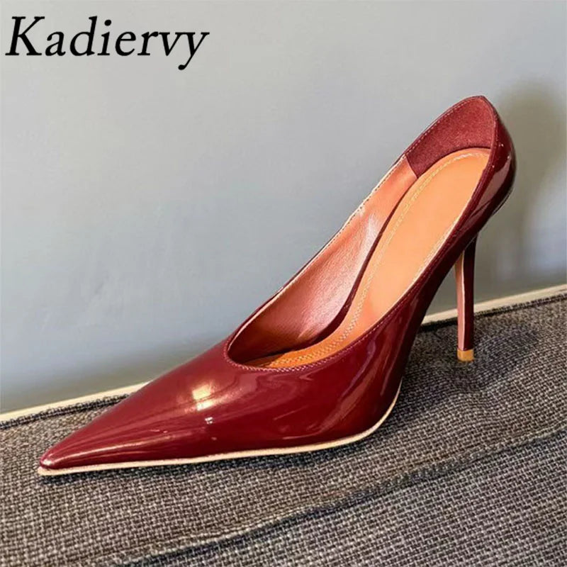 New High Heels Shoes Woman Pointed Toe Slip-on Women Pumps Patent Leather Thin Heels Runway Mules Shoes For Women