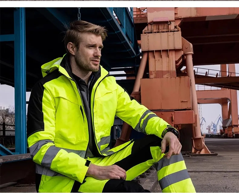 Trajes de trabajo de alta visibilidad amarillos para el invierno, conjunto de chaqueta impermeable de alta visibilidad 3 en 1 con forro y pantalones de trabajo para hombre