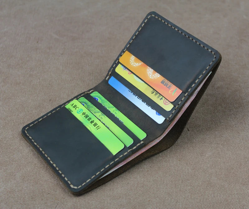 Cartera de lujo hecha a mano de cuero genuino Crazy Horse para hombre, cartera pequeña de cuero para hombre, monedero corto con clip para billetes, bolsa para dinero, café negro