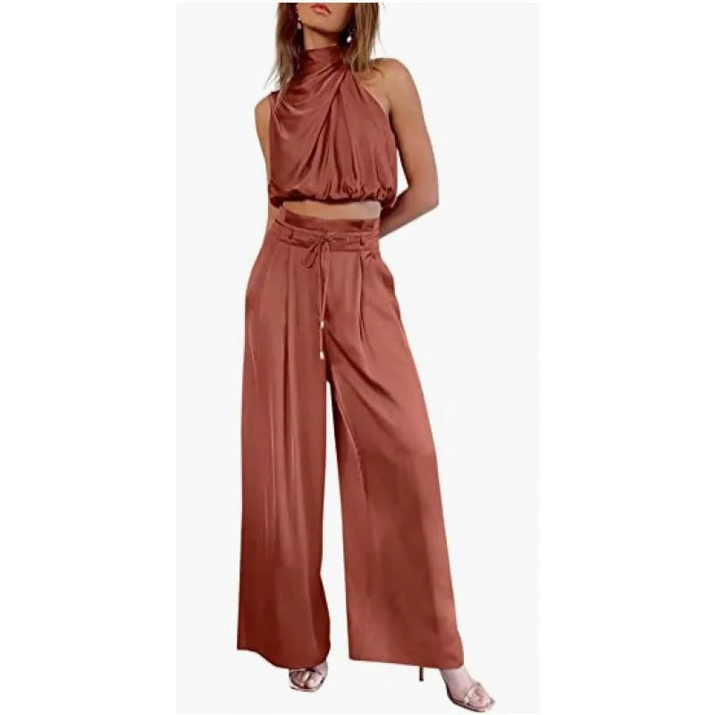 Ensemble deux pièces pour femme, pantalon ouvert au nombril, haut sans manches en soie plissée, pantalon large, ensemble assorti d'été 2024