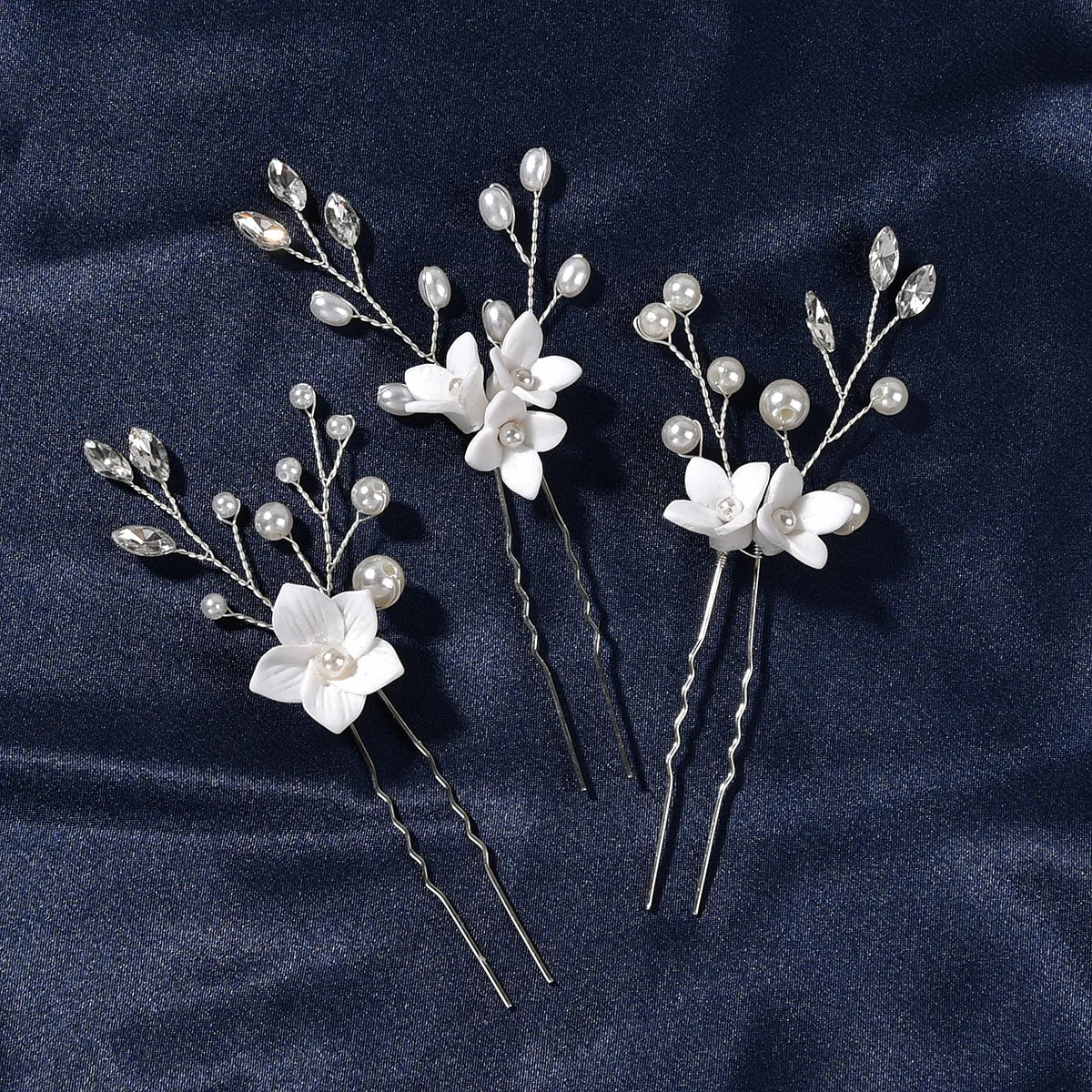 Horquilla en forma de U de 3 piezas con perlas y flores para mujer, accesorios de aleación para el pelo, tocado de joyería para boda