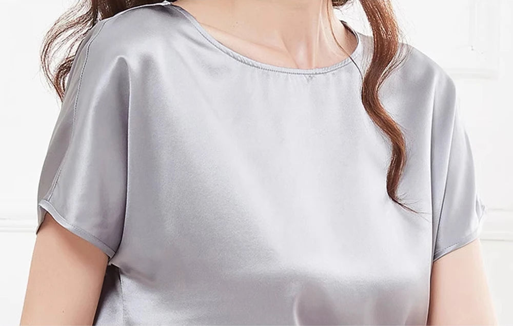 Conjunto de pijama de 2 piezas para mujer, pantalones capri, top de manga corta, seda de morera de 19 mommes, ropa de dormir, pijamas, ropa de estar por casa M-3XL