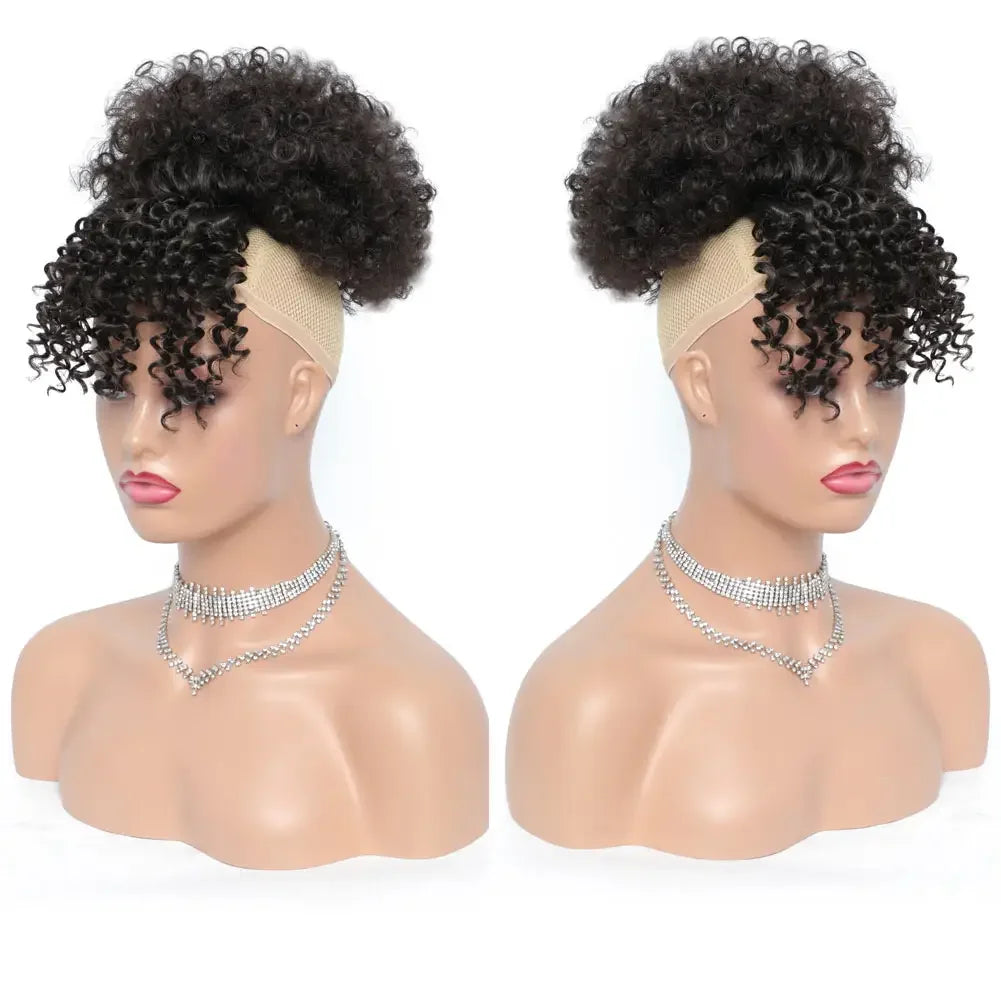 Synthetic Afro Puff Hair Bun Extensions Drawstring Ponytail With Bangs Short Kinky Curly Pineapple Clip in on Wrap Updo Ponytail
