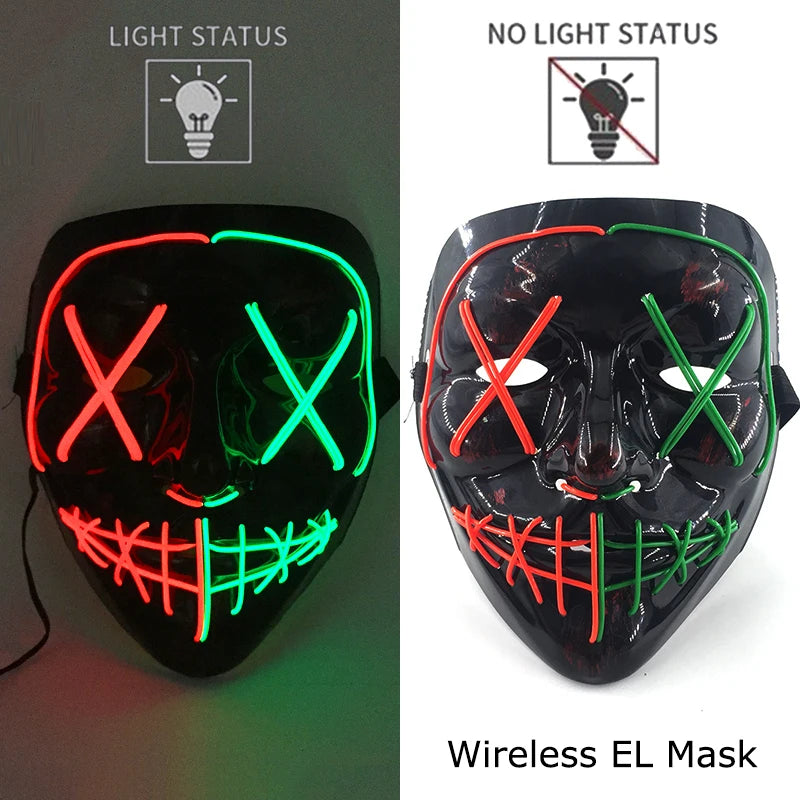 Máscara de purga LED de neón inalámbrica, que brilla en la oscuridad, máscara de cosplay de terror para Halloween, máscaras de fiesta de disfraces, accesorios luminosos divertidos