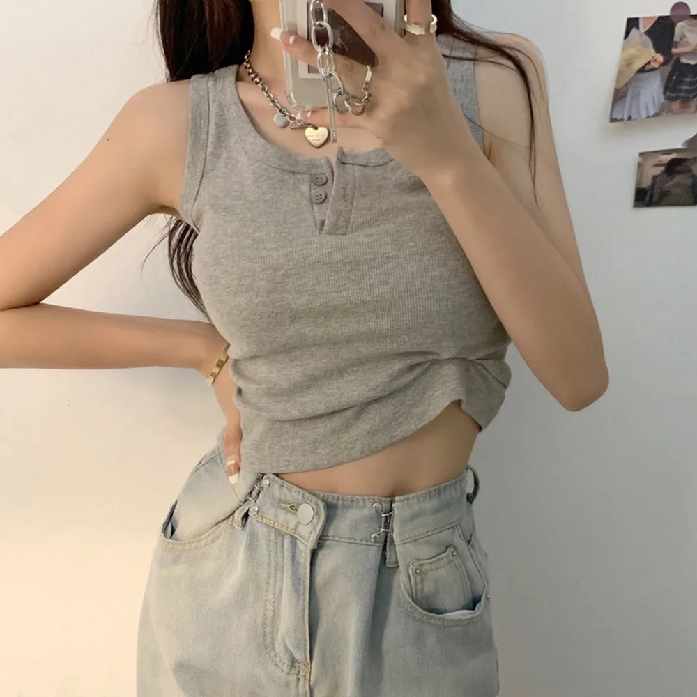 Camiseta sin mangas para mujer de canalé con botones, blusa sin mangas, color liso, informal, para mujer y adolescente, moderna, básica, vestidos de verano