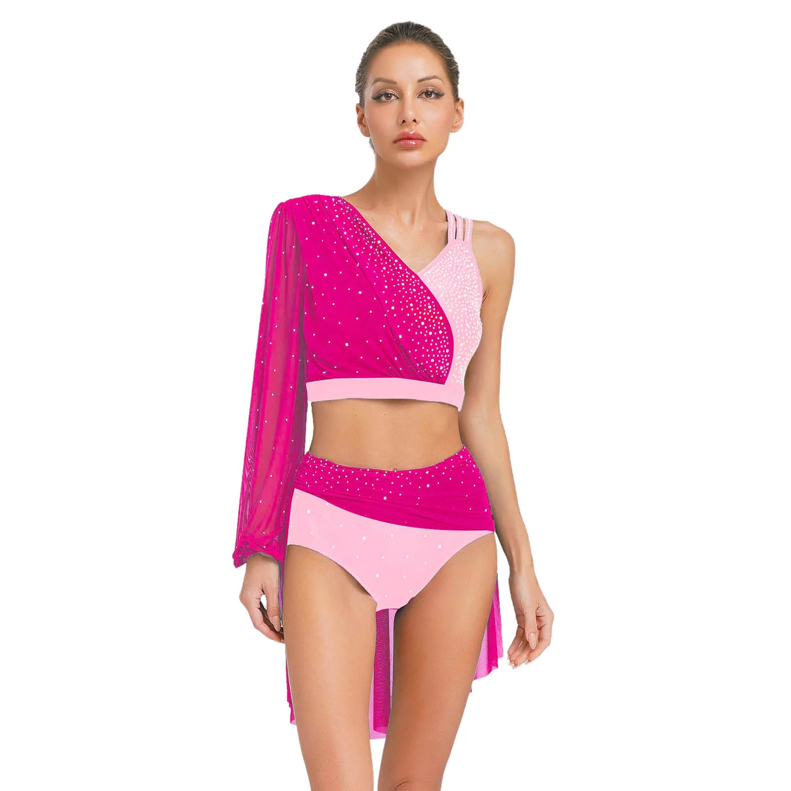 Modern Ballet Dance Set for Women Mesh Top with Skirted Briefs 2 Piece Lyrical Outfits Ballerina Girls Stage Performance Costume
