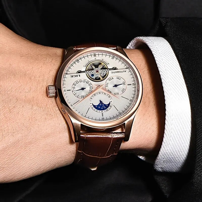 LIGE Relojes para hombre Reloj mecánico automático Reloj Tourbillon Piel auténtica Reloj impermeable Reloj de pulsera militar para hombre