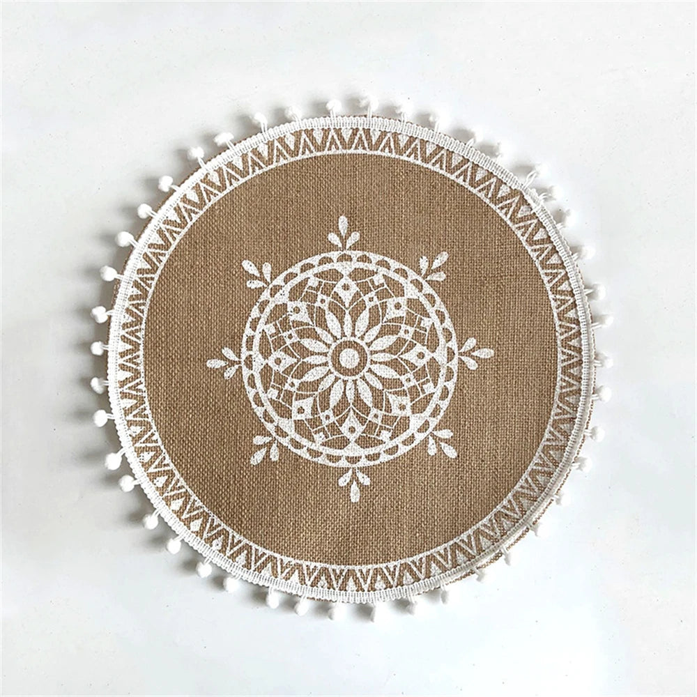 Vintage Pastoral Round Cotton Linen Placemats Handwoven Jute Tassels Placemats Soft Non-slip Table Pads Vase Mats Accessories