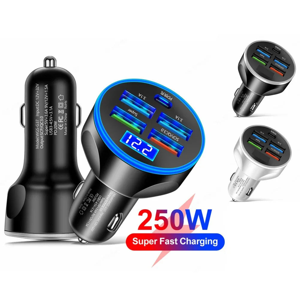 250W PD Car Charger 5 Ports Fast Charging PD QC 3.0 USB C Car Quick Charger Type-C Adapter in Car For iPhone Samsung Xiaomi