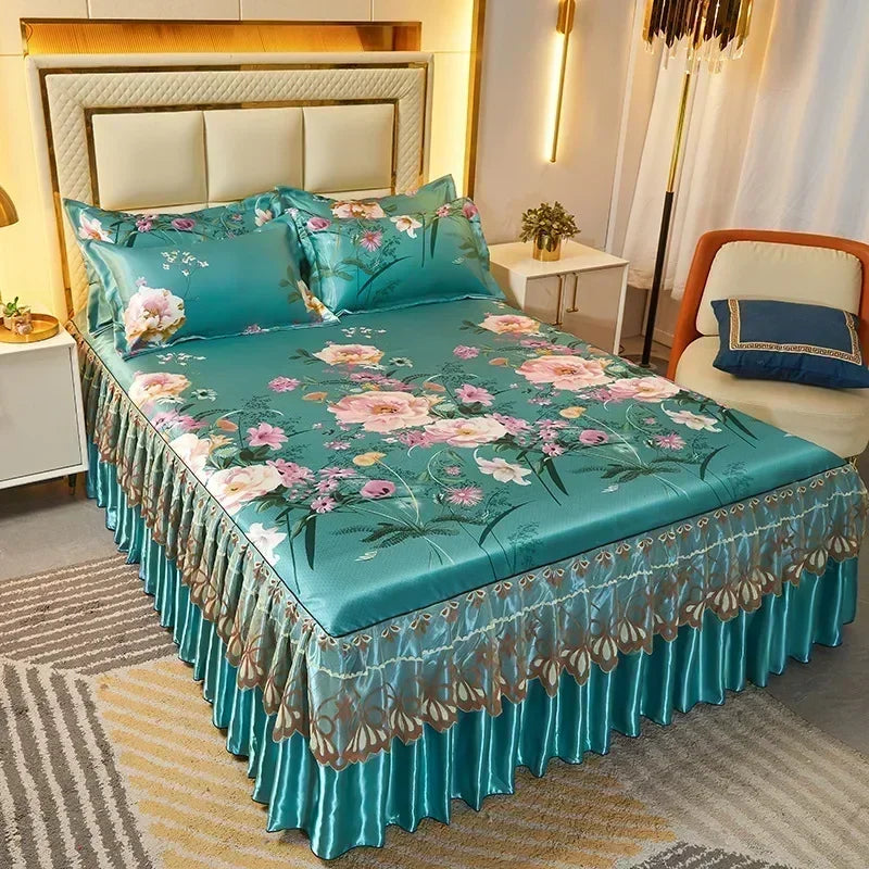 3 deler sommer sengeteppe i skjørtstil, sengeteppe i blonder i europeisk stil, tredelt sett i skjørtstil, sengeteppe i madrass, støvbeskyttelse