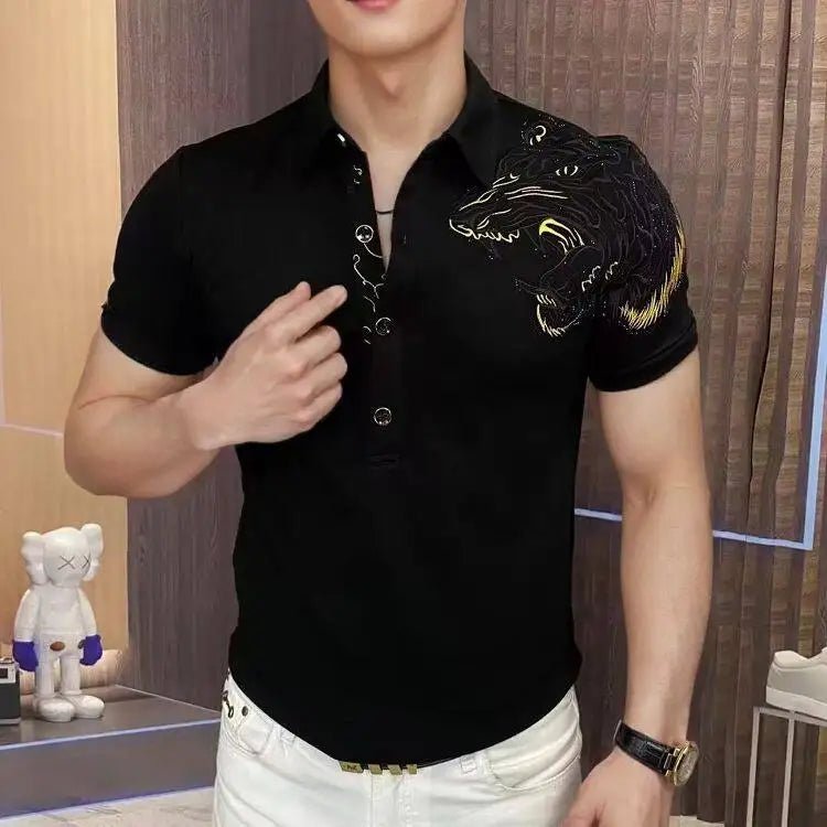 Polo bordado de lujo para hombre, corte ajustado de alta gama, camiseta informal de negocios y social, camiseta versátil con solapa, estilo urbano