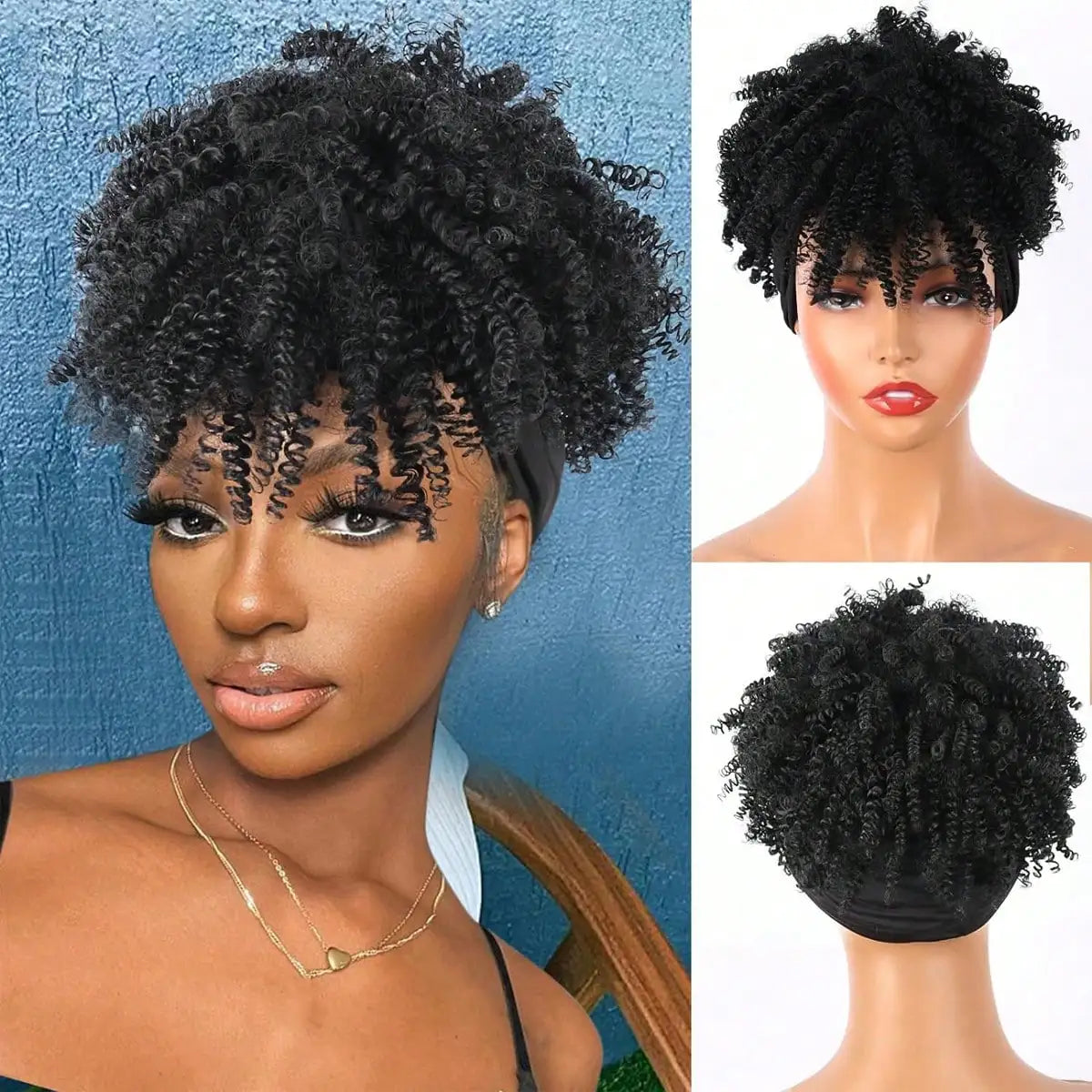 Synthetic wig short head African curly hair wig black female soft curly hair strap African headscarf wrapped around hair