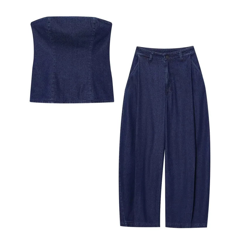 Traje de pantalón de moda para verano, nuevo conjunto de dos piezas para mujer, informal, de mezclilla, top sin tirantes tipo bandeau y pantalones casuales, estilo urbano.
