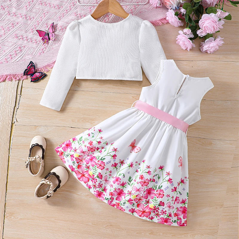 Conjuntos de ropa casual para niños y niñas primavera verano, abrigo de manga larga con estampado floral, vestido sin mangas para niños de 2 3 4 5 6 7