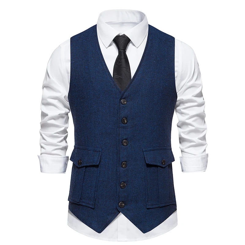 Chaleco de Traje de Hombre de Espiga Chaleco de Negocios Boda Casual Cuello Vuelto Chalecos de Vestir para Hombres Fiesta Formal V07