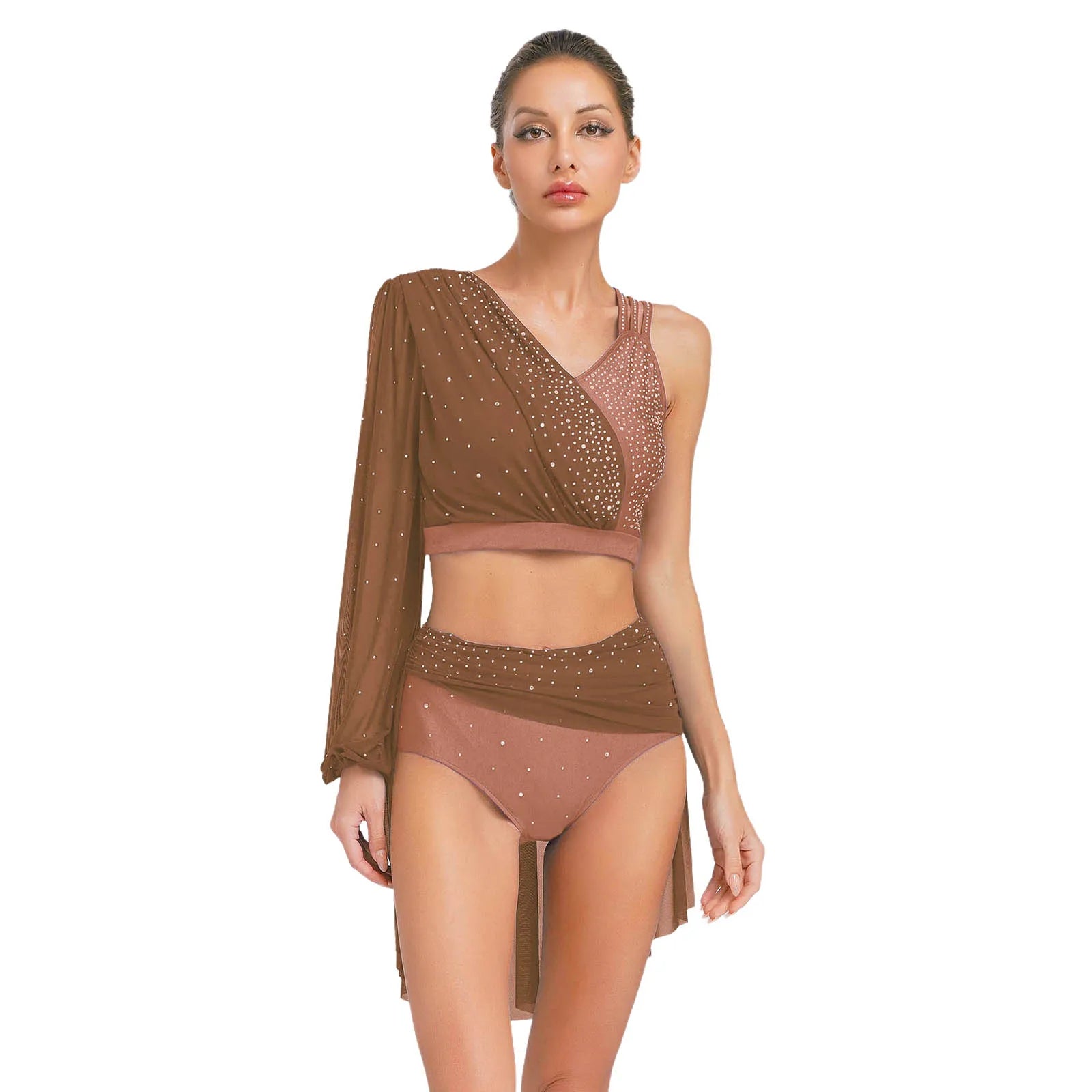 Modern Ballet Dance Set for Women Mesh Top with Skirted Briefs 2 Piece Lyrical Outfits Ballerina Girls Stage Performance Costume