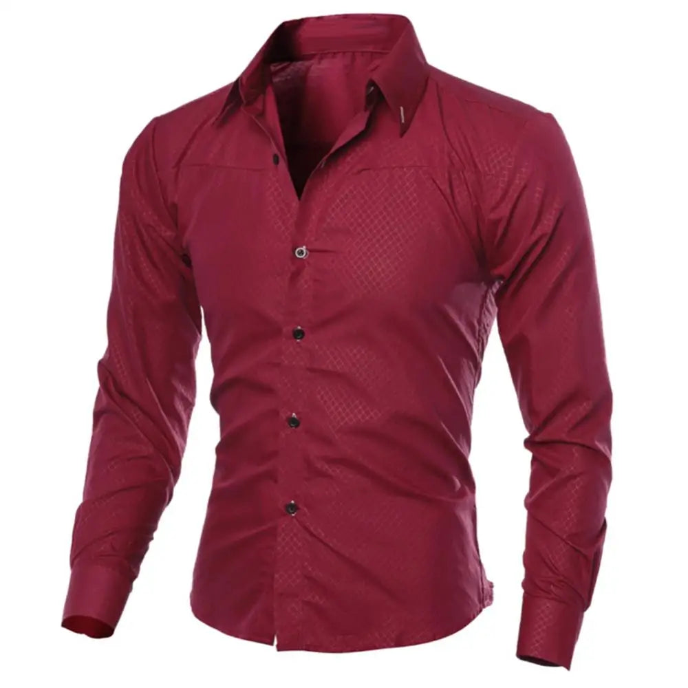 Camisa de vestir de negocios para hombre, de lujo, informal, social, formal, con solapa, manga larga, corte ajustado, color liso
