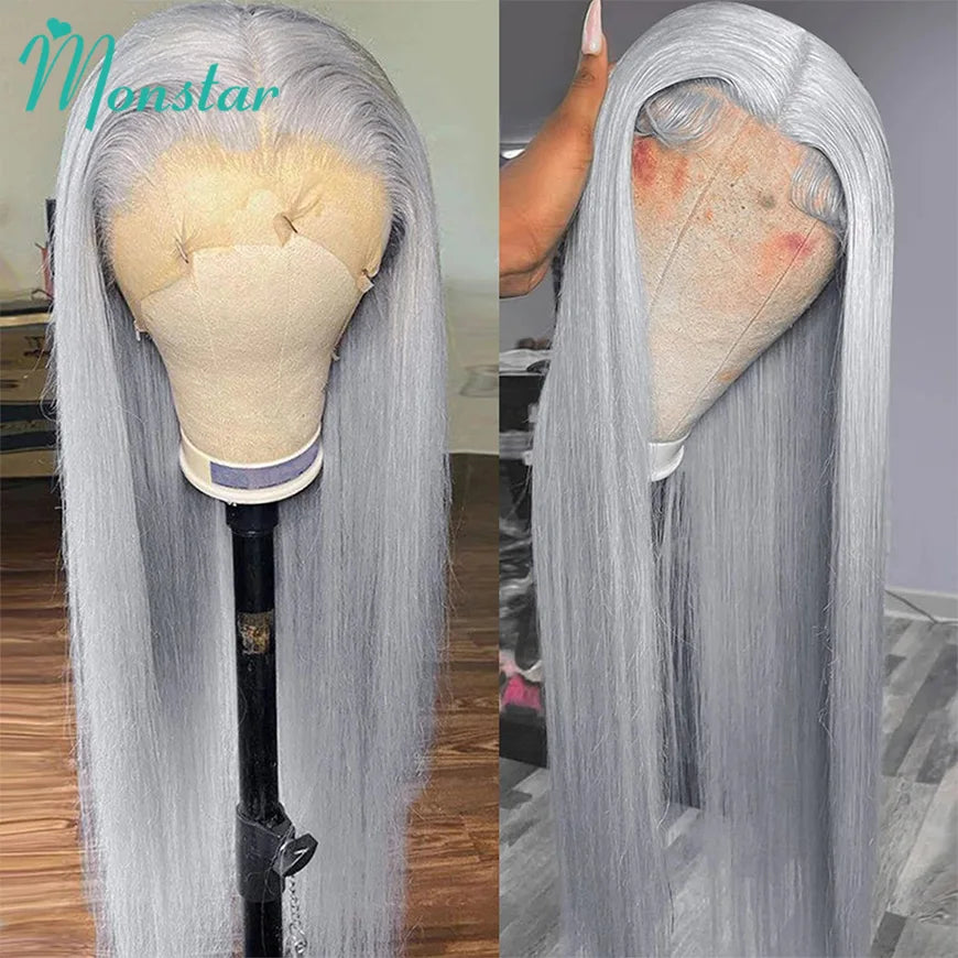 Silver Grey Straight Wigs Human Hair Brazilian 13x6 HD Lace Frontal Colored 613 Wigs Pre Plucked With Baby Hairline 200% Density