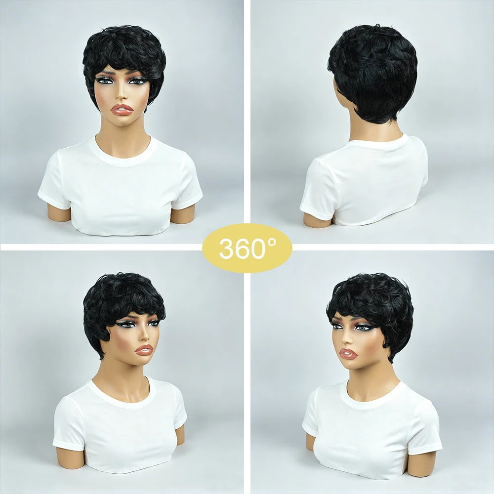 Short Black Curly Pixie Cut Brazilian virgin Human Hair Wigs with Bangs, Natural Black Layered Wavy Wigs with Fringe, Full Machine Made, Daily/Party Wear