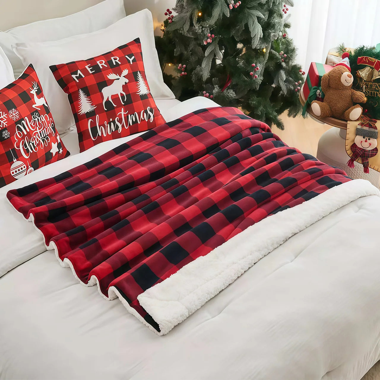 Manta de forro polar sherpa suave de 1 pieza con estampado a cuadros de búfalo - Para sofá, cama y uso en exteriores - Para todas las estaciones, lavable a máquina, suave y cálida, 4 libras de peso