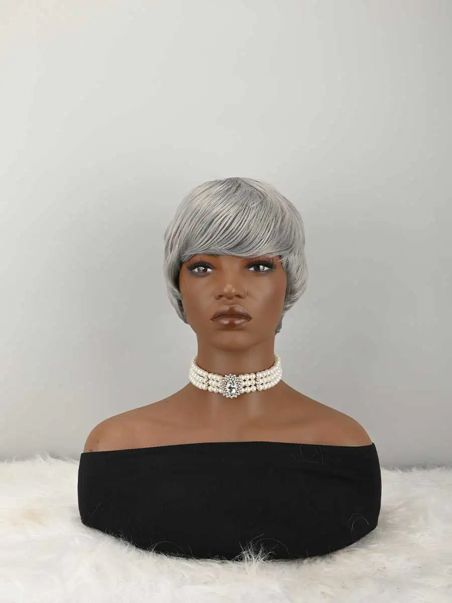 Grey Wigs for Women Short Wigs Short Curly Wigs Short Cut Hair with Bangs for Women Pixie Short Wig Synthetic Layered Wigs with Bangs Heat Resistant Fiber Wig For Daily Use