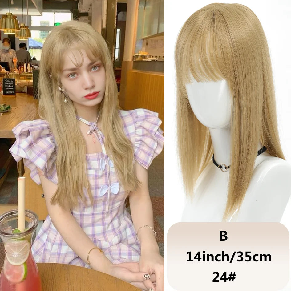 Syntetisk dameparykk med rett hår, 25 cm/30 cm pannelugg, topperstatning, tre kort, svart parykk/brun parykk/beige parykk/khaki parykk