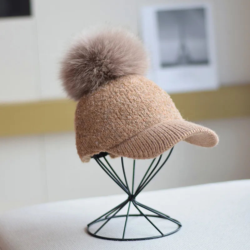 Gorra de béisbol unisex de invierno de moda para mujer, gorro de papá de lana de cordero de lujo con pompón de piel, gorra de papá cálida para invierno al aire libre de Hip Hop