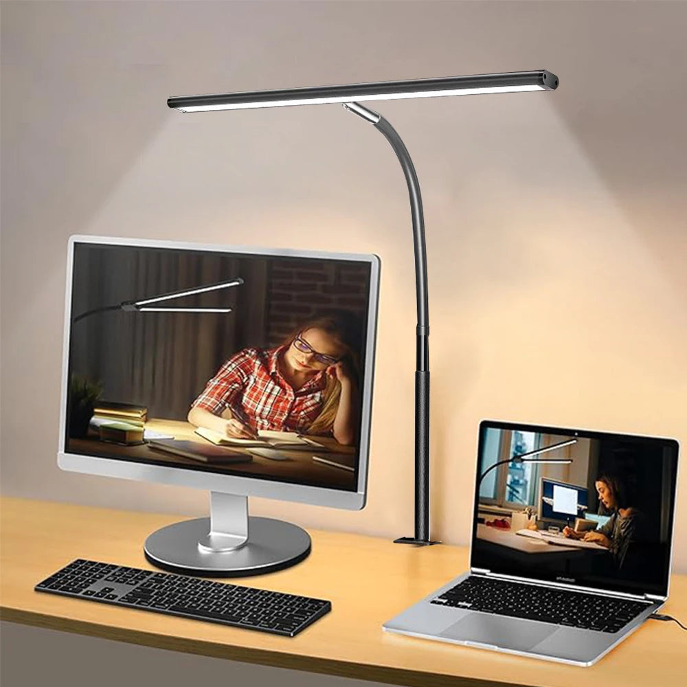 Lámpara de escritorio LED de oficina para el hogar, doble cabezal, atenuación continua, luces de lectura que cuidan la vista, 3 modos de color, lámparas de mesa de PC ajustables y flexibles
