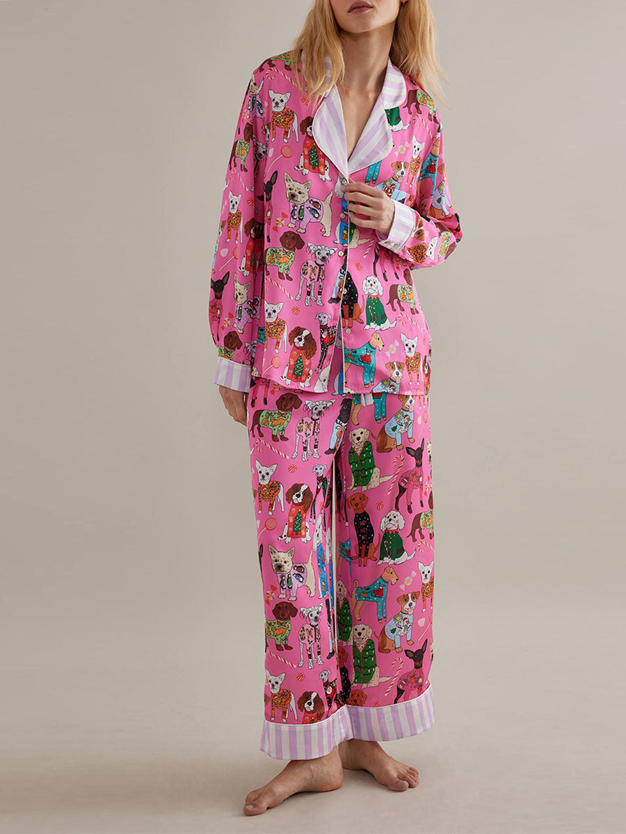 Conjunto de pijama de mujer con estampado de animales y comida, tops de manga larga con botones y pantalones, ropa de dormir para estar en casa