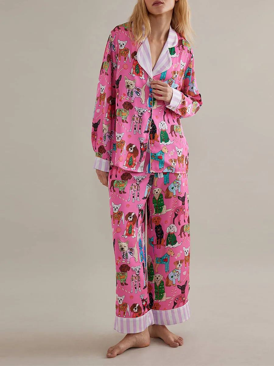 Conjunto de pijama de mujer con estampado de animales y comida, tops de manga larga con botones y pantalones, ropa de dormir para estar en casa