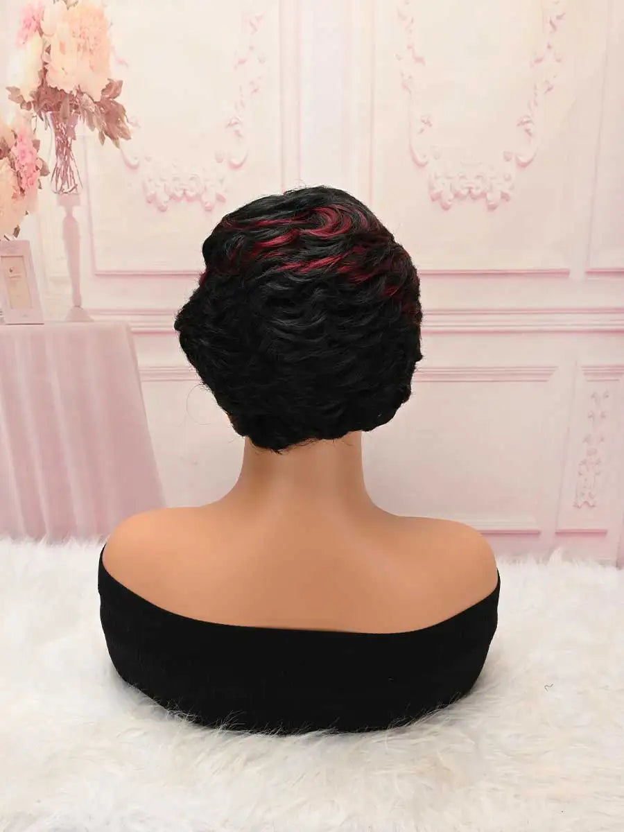 Black Burgundy Highlight Short Curly Pixie Wig Synthetic Bangs Wig For Daily Party