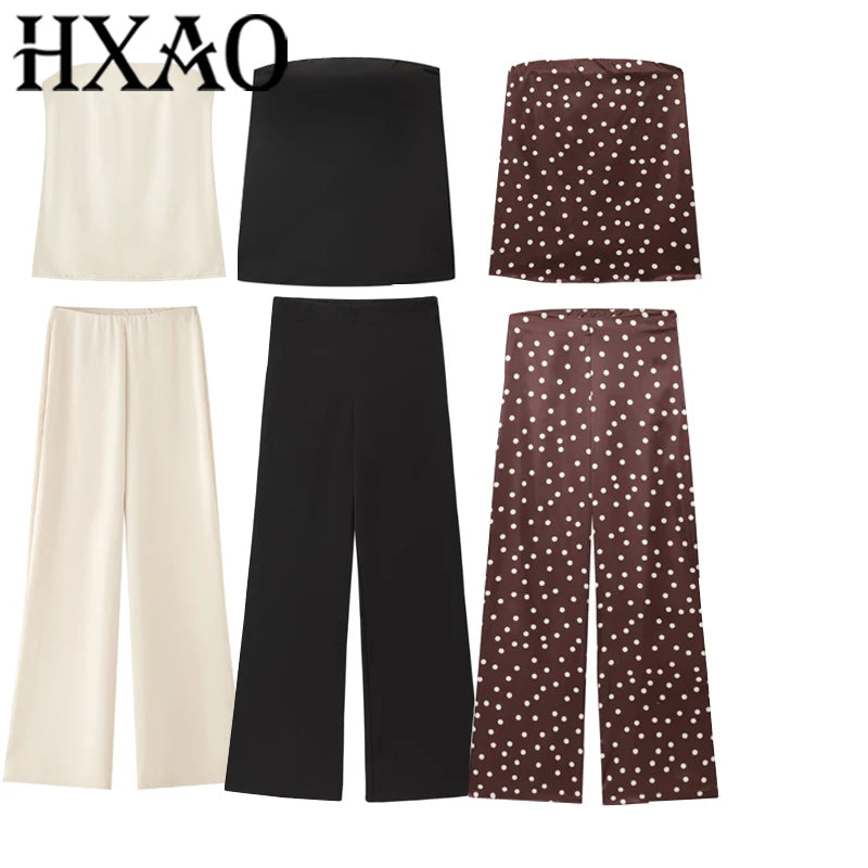 Conjunto de pantalón TRAF de 2 piezas para mujer, pantalones anchos, conjuntos lisos, tops y camisolas sin tirantes, conjunto de dos piezas para mujer, top corto y conjunto de pantalón 088
