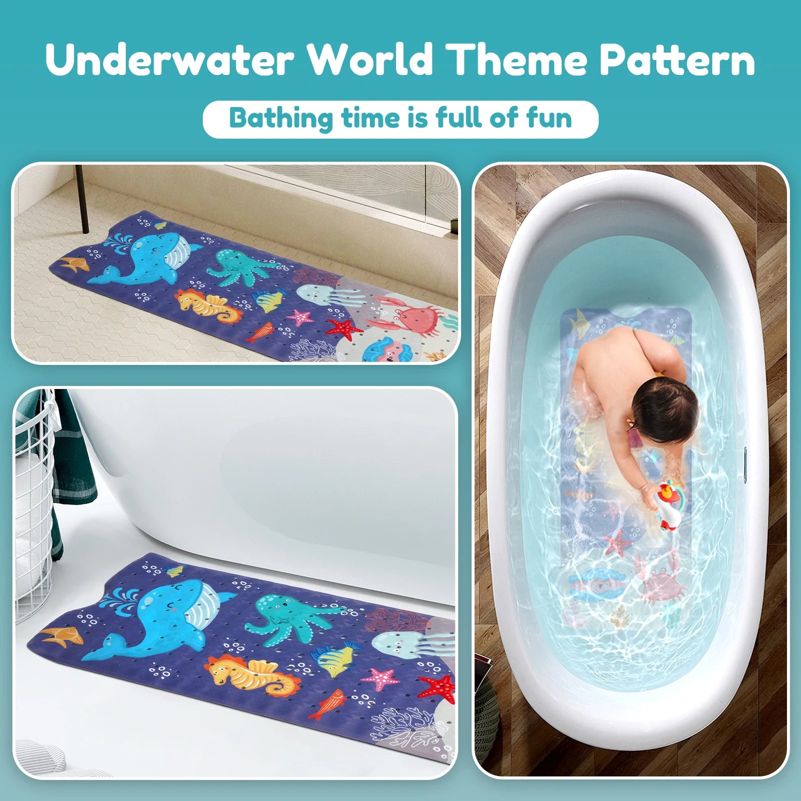 Alfombrilla de Baño Antideslizante para Bebés con Ventosas y Agujero de Drenaje, Alfombrilla de Ducha para Niños con Diseño de Mundo Marino de Dibujos Animados