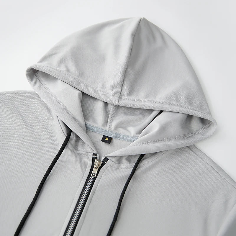 Sudadera con capucha y cremallera de manga corta ligera para hombre, con cordón, color sólido, estilo casual, tipo jersey, para verano