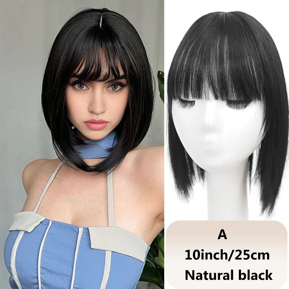 Syntetisk dameparykk med rett hår, 25 cm/30 cm pannelugg, topperstatning, tre kort, svart parykk/brun parykk/beige parykk/khaki parykk