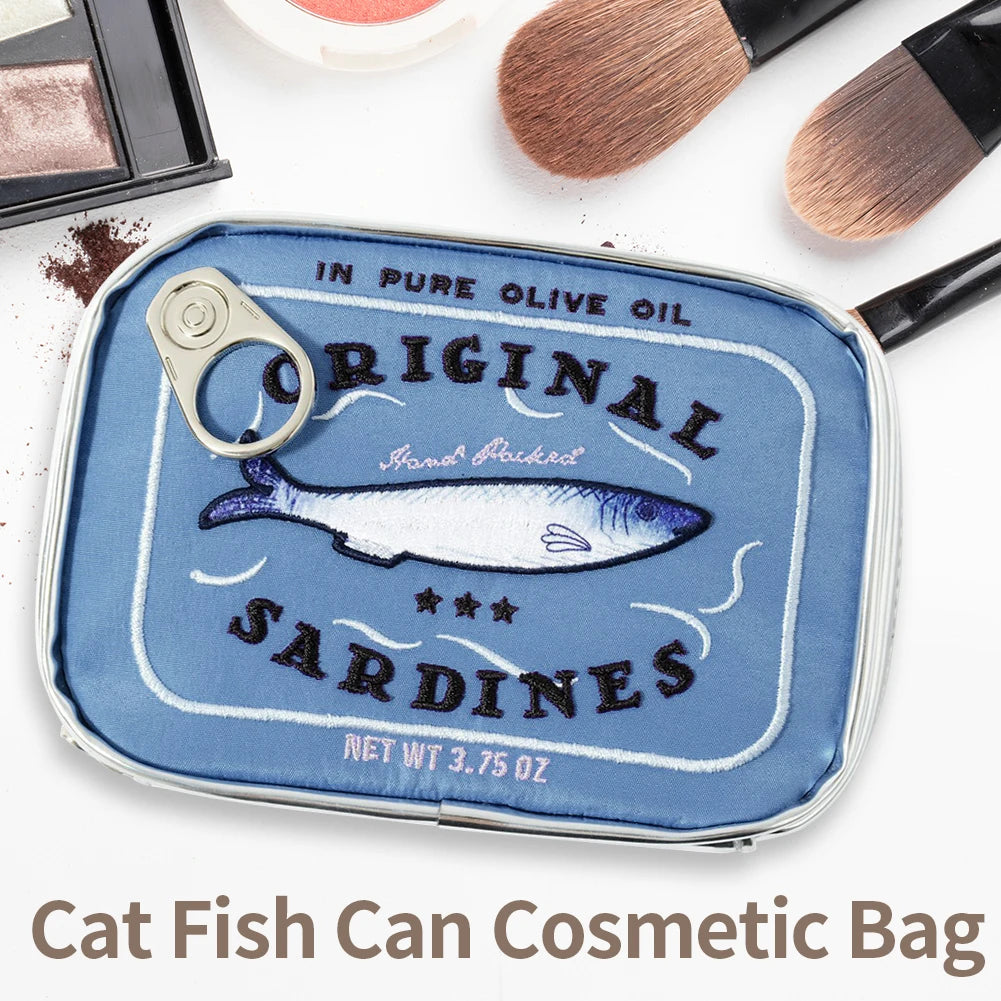 Bolsa de cosméticos única de sardinas enlatadas, bolsa de aseo portátil, bolsa de maquillaje con cremallera de moda para mujer, bolsa de viaje para hombre para vacaciones