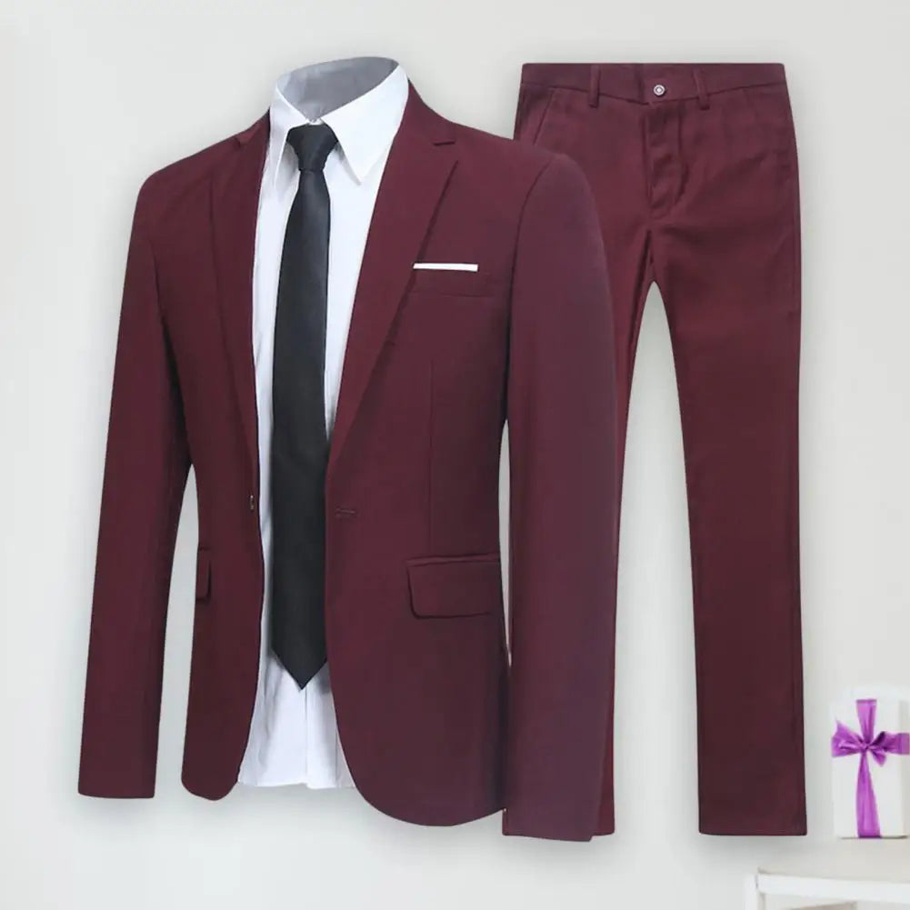 Traje de negocios informal para hombre, color liso, cuello vuelto, ajustado, traje de novio para boda, blazer, pantalones, conjuntos para hombre