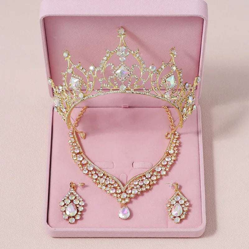 Juegos de joyas nupciales, corona, collar, pendientes, paquete de cuatro, color plateado, moda femenina, tiaras de boda (sin cajas)