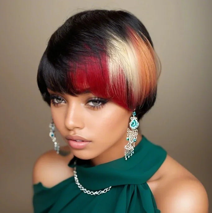 Ombre Color Wig 6inch Short Pixie Cut Straight Human Hair Wigs for Women Vibrant Multi-Tone Highlights Natural Look for Daily Party Use