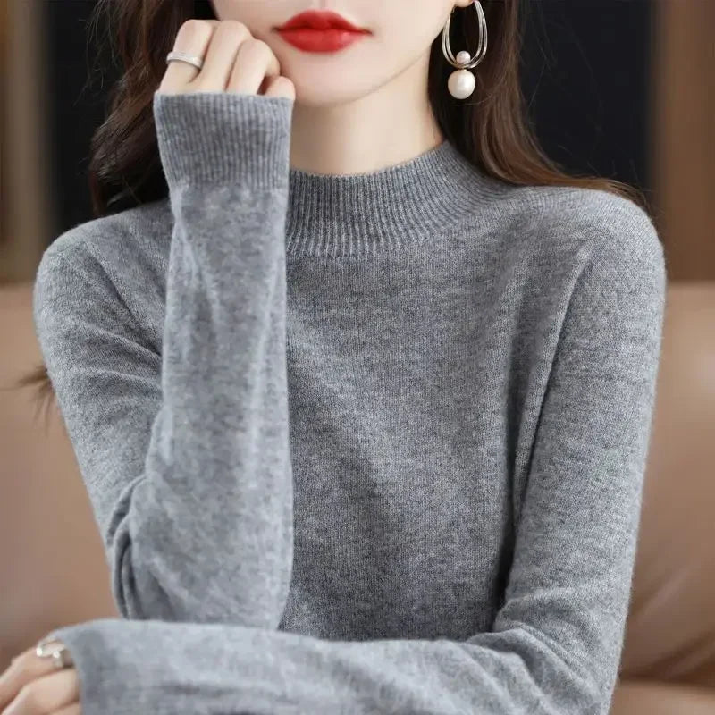 Suéter de mujer otoño invierno, camisas base cálidas casuales, cuello simulado, tejido básico, jerséis de manga larga, moda coreana