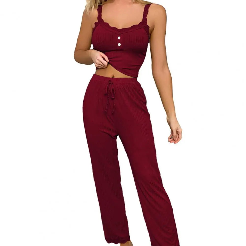 Conjunto de pijama casual sexy para mujer, de verano, de encaje, pantalones largos, sexy, de dos piezas, pantalones largos, conjunto de pijama para estar en casa