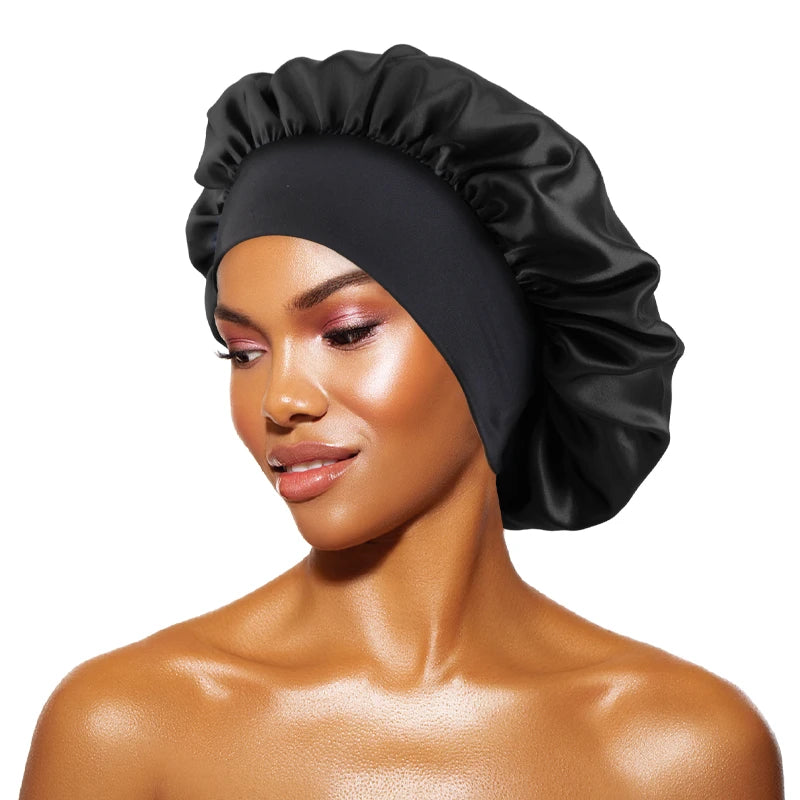 Gorros de satén lisos para mujer, con ala ancha, para dormir, bañarse, gorro unisex, con banda elástica, para el cuidado del cabello