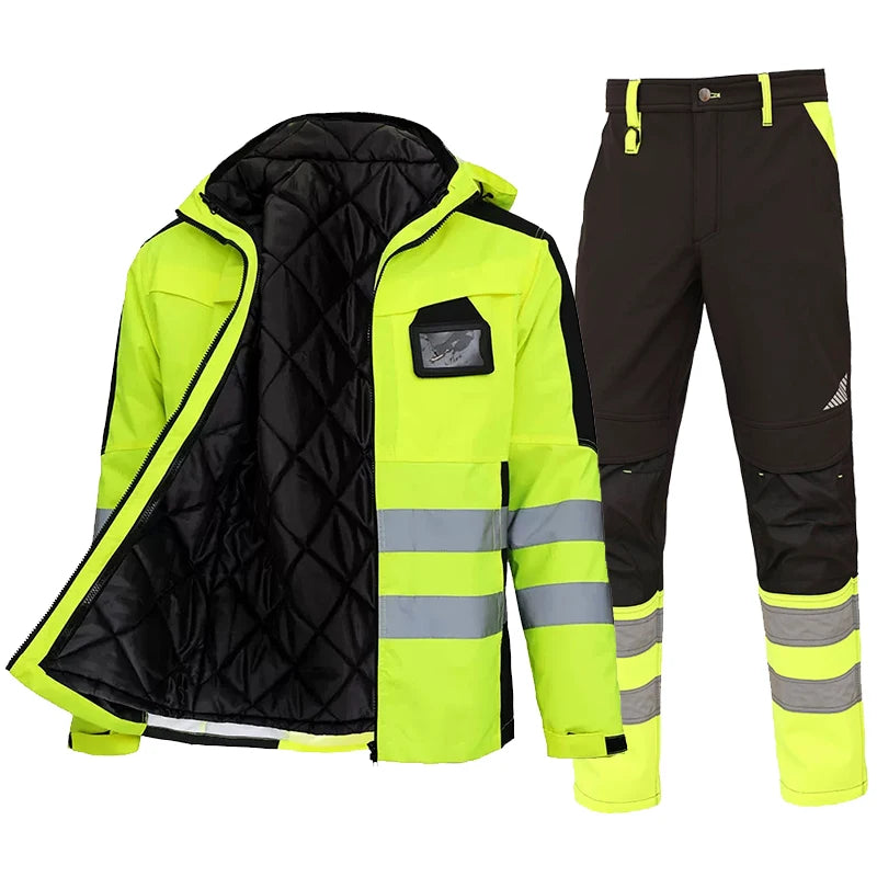 Hi Viz Yellow Workwear Suits for Work in Winter 3 in 1 Hi Vis Workwear Waterproof Jacket with Linner and Working Pants Men Set